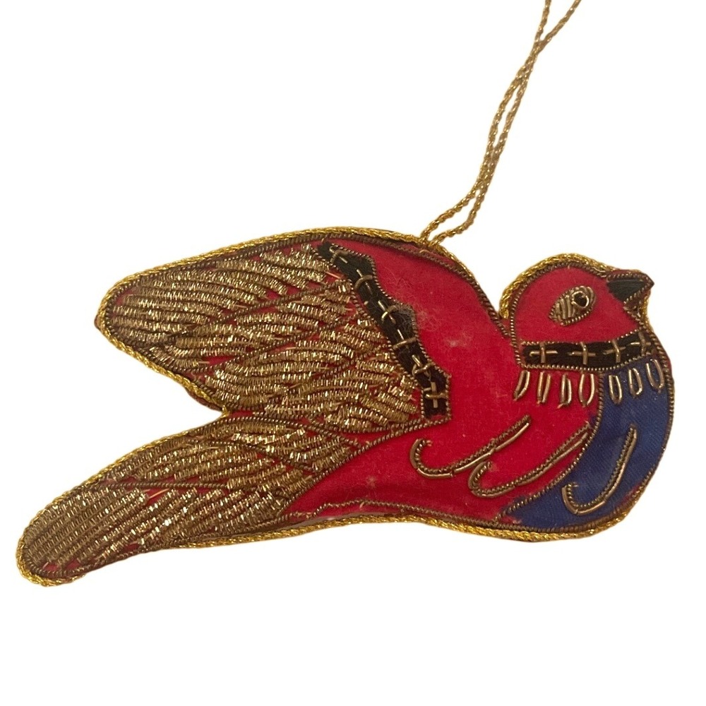 VINTAGE NEIMAN MARCUS RED VELVET CHRISTMAS ORNAMENT DOVE‎ BIRD GOLD BEADED BLUE